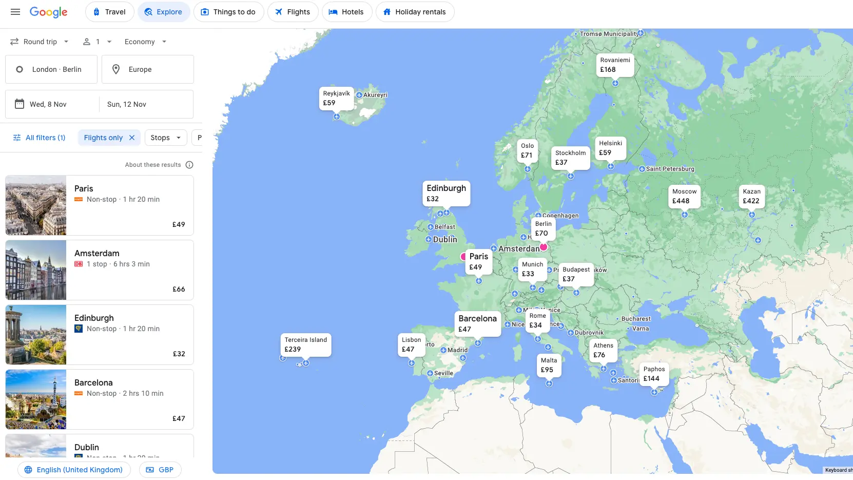 Google Flights search results