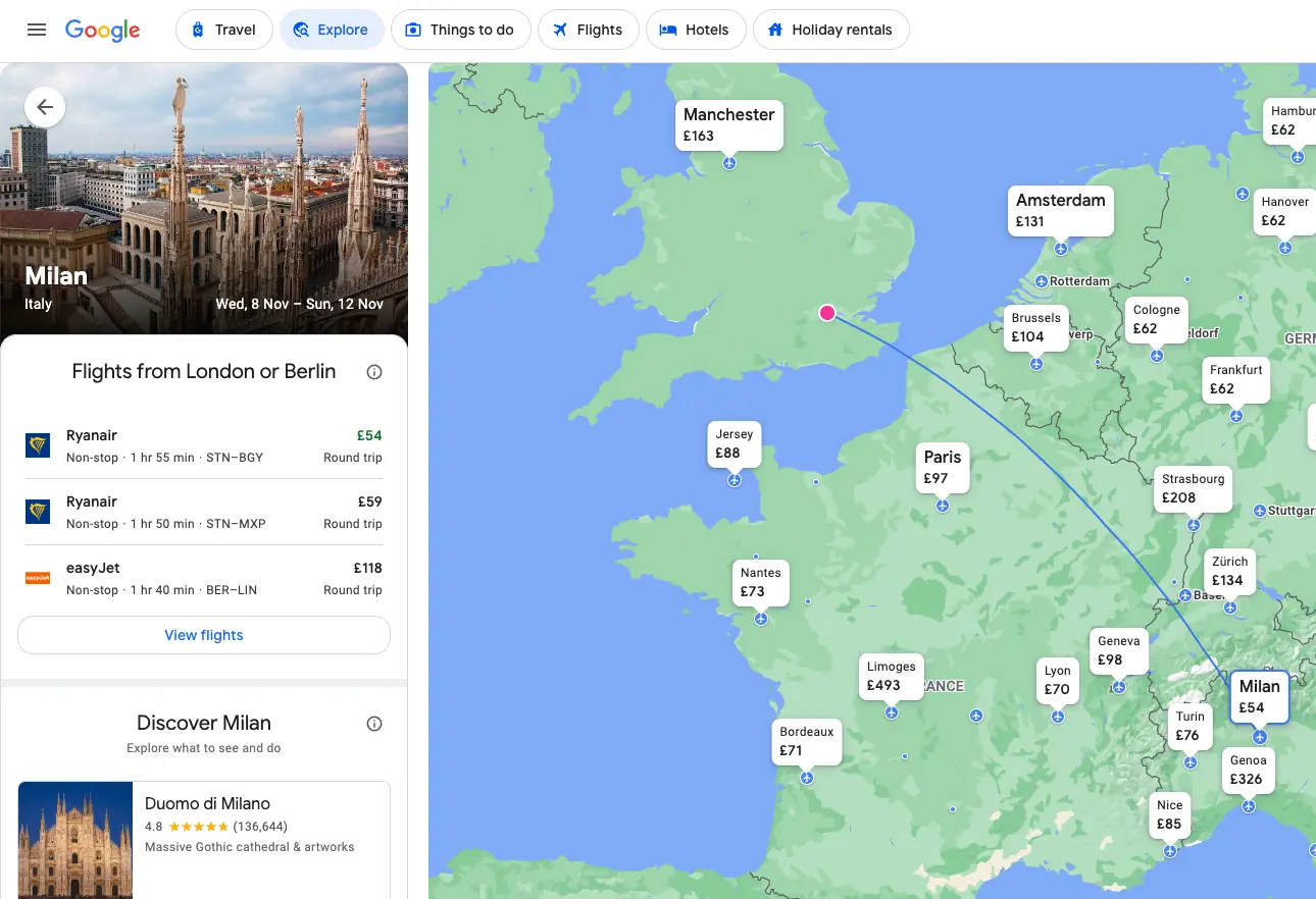 Google Flights search results destination